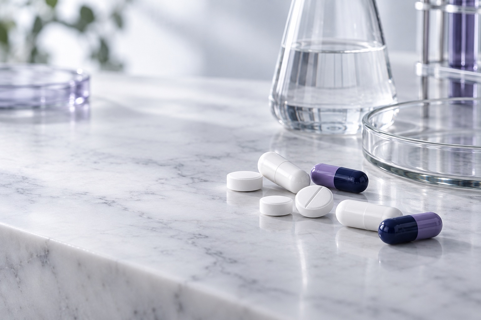 Illustrative still life of unbranded pharmaceutical tablets and laboratory glassware